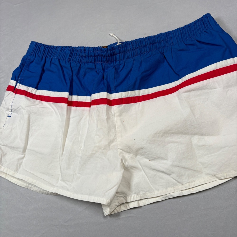 Eddie Bauer Swim Trunks Men XL White Blue‎ Red Vintage Colorblock Cotton Shorts